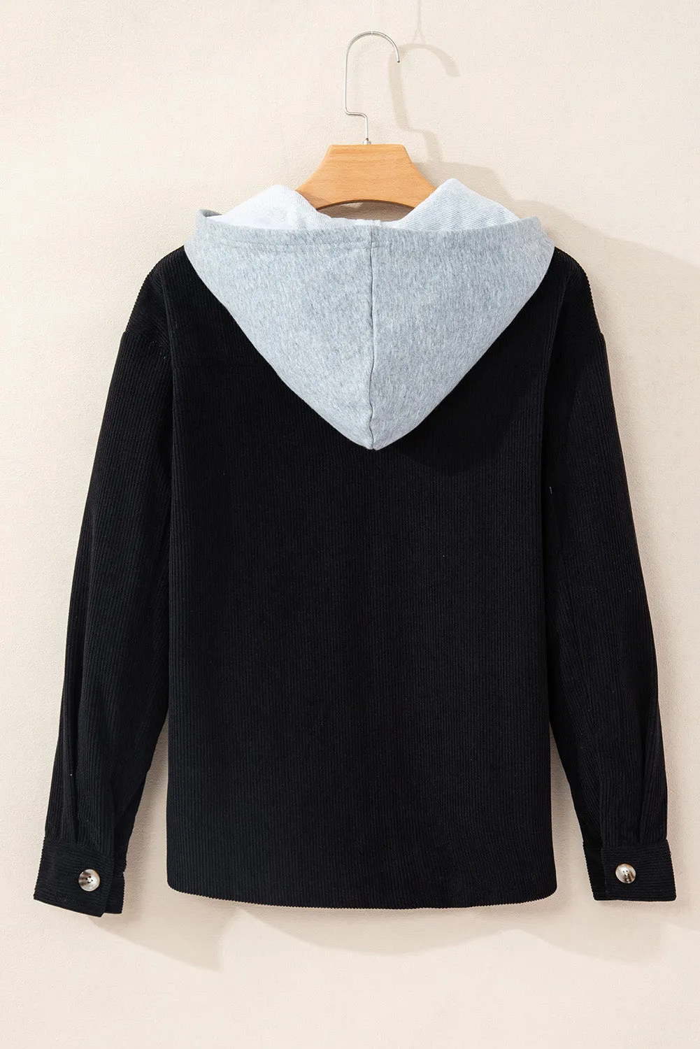 Black Hooded Drawstring Pockets Corduroy Shacket sold by eAura product image thumbnail 5