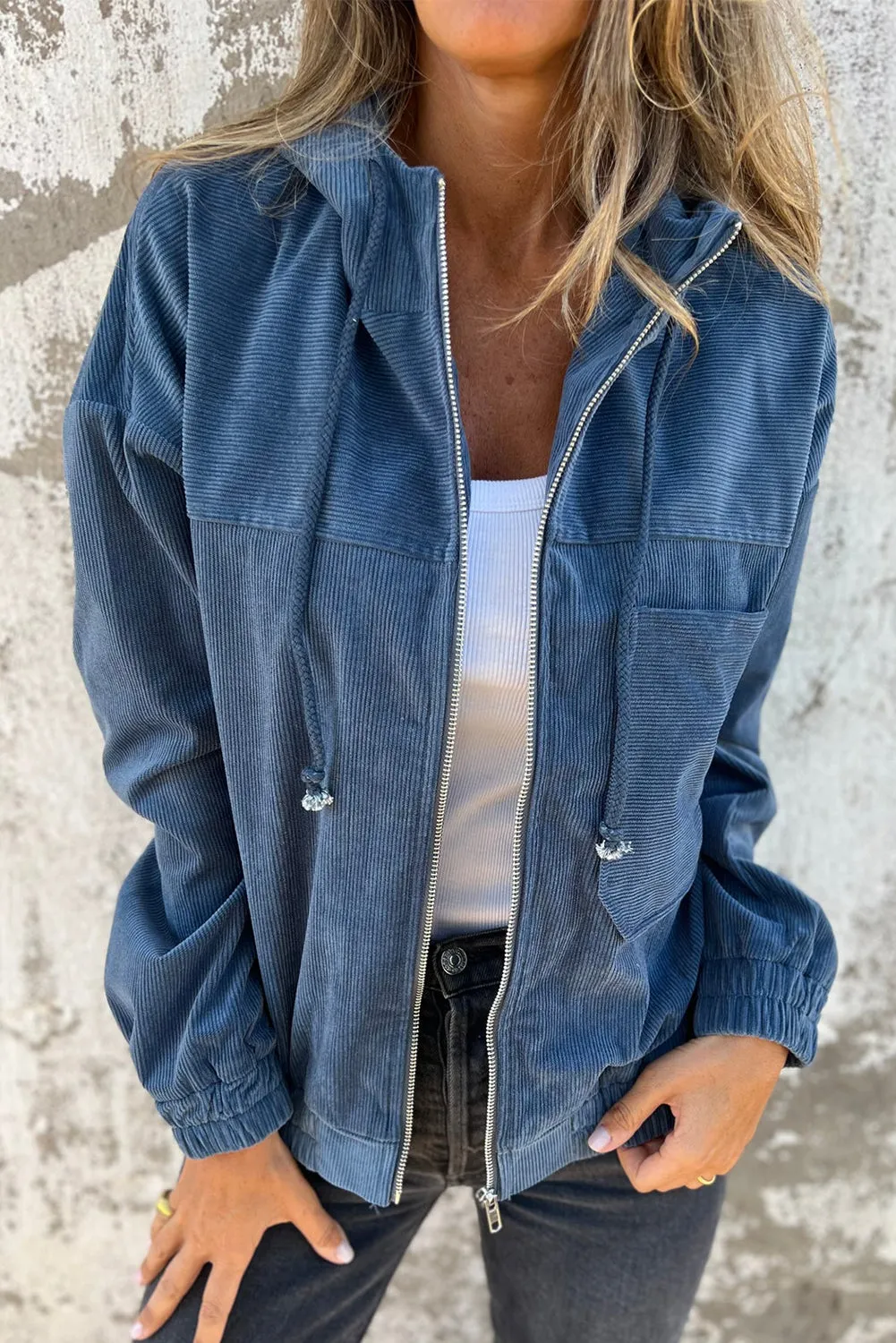 Real Teal Corduroy Drawstring Hooded Pocket Zip Up Jacket sold by eAura product image thumbnail 5