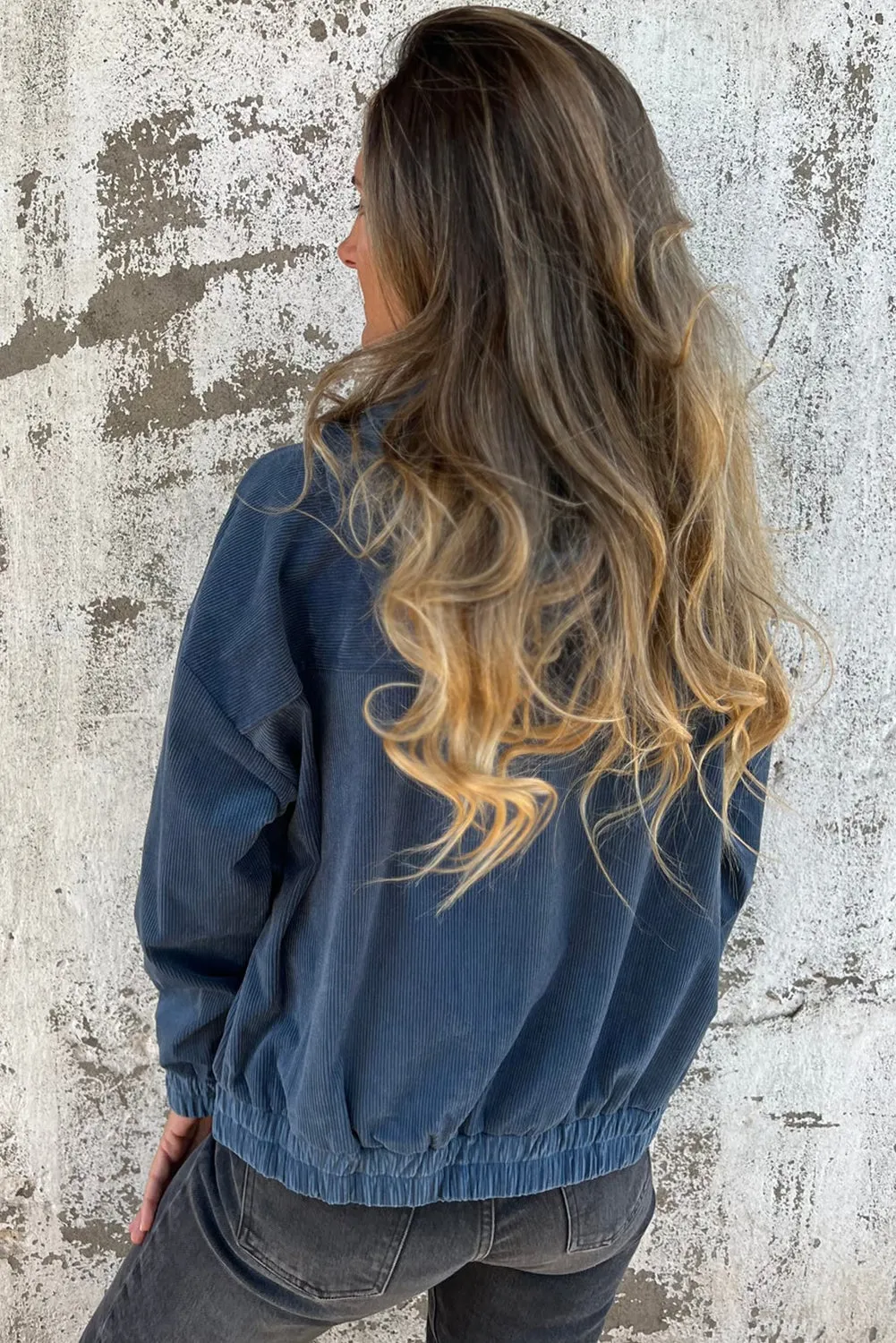 Real Teal Corduroy Drawstring Hooded Pocket Zip Up Jacket sold by eAura product image thumbnail 2