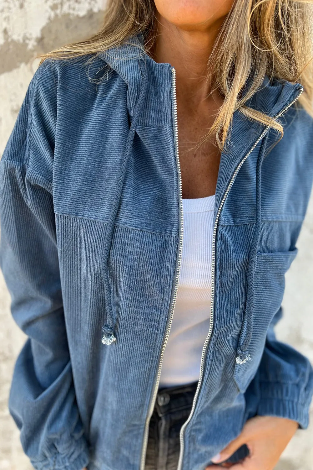 Real Teal Corduroy Drawstring Hooded Pocket Zip Up Jacket sold by eAura product image thumbnail 4