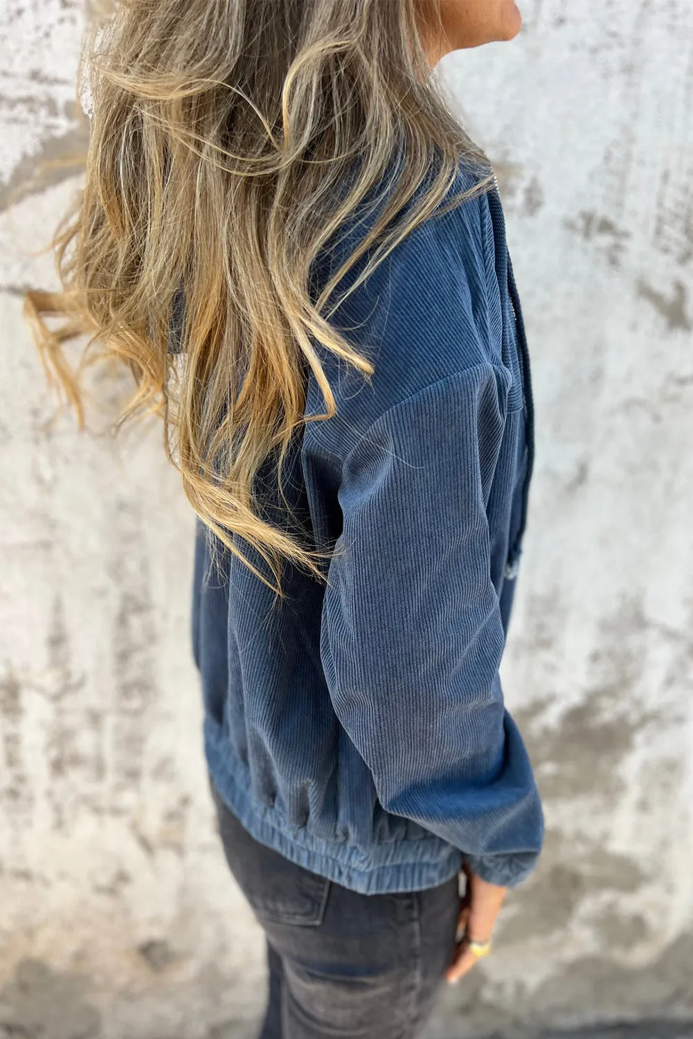 Real Teal Corduroy Drawstring Hooded Pocket Zip Up Jacket sold by eAura product image thumbnail 3