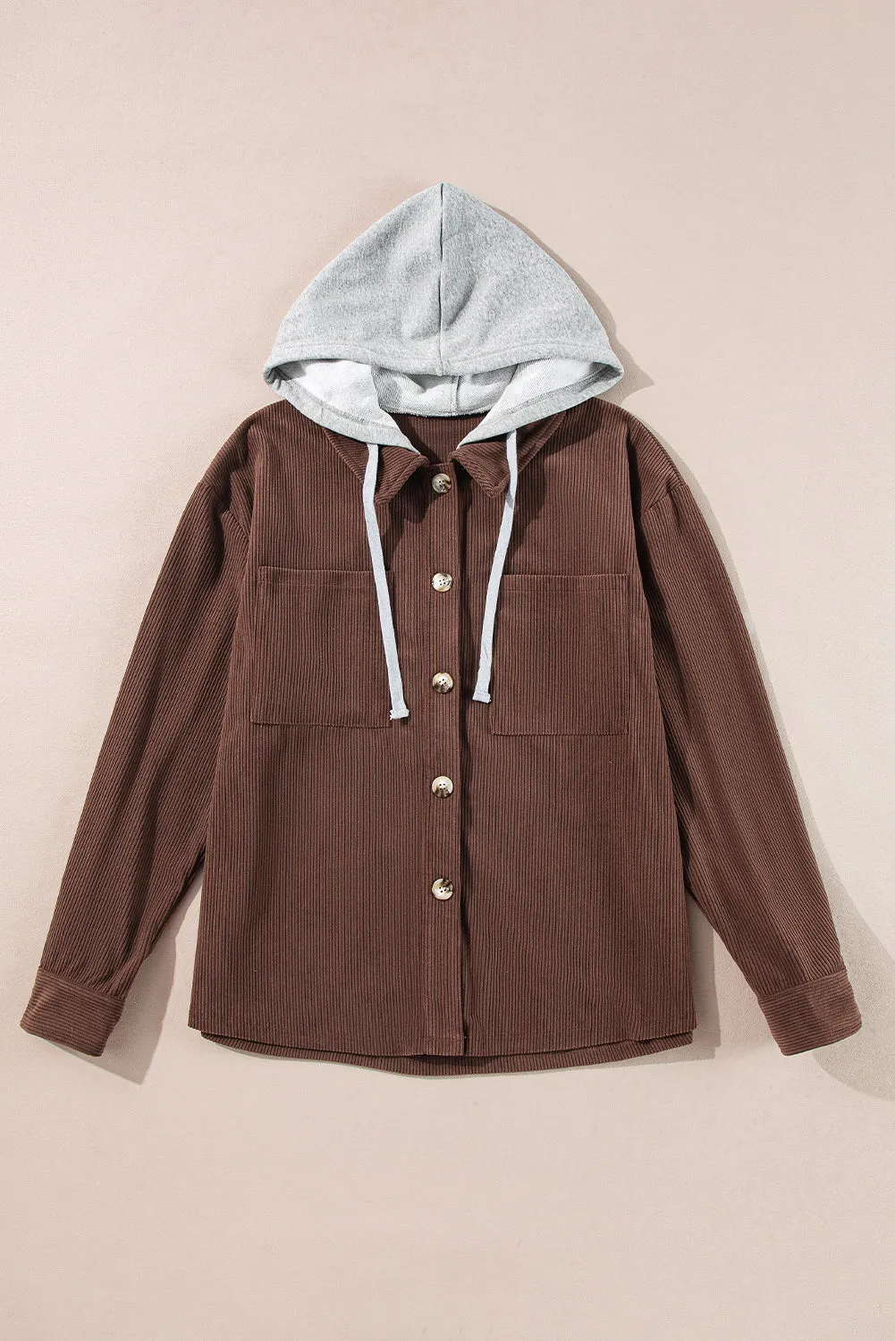 Coffee Hooded Drawstring Pockets Corduroy Shacket sold by eAura product image thumbnail 4