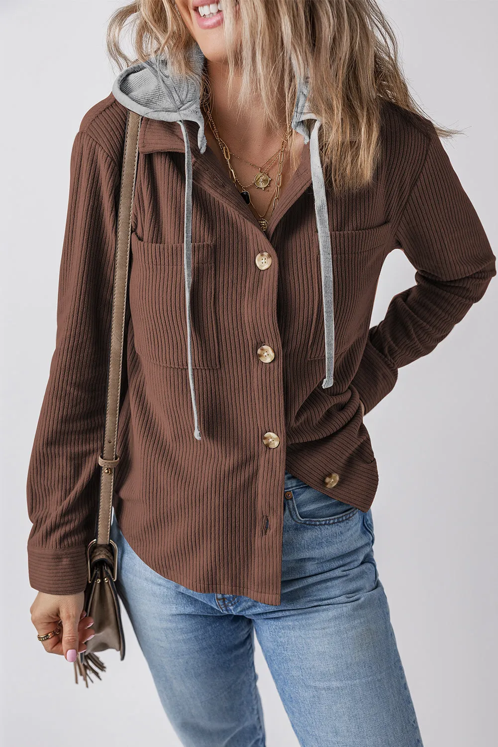 Coffee Hooded Drawstring Pockets Corduroy Shacket sold by eAura product image thumbnail 3
