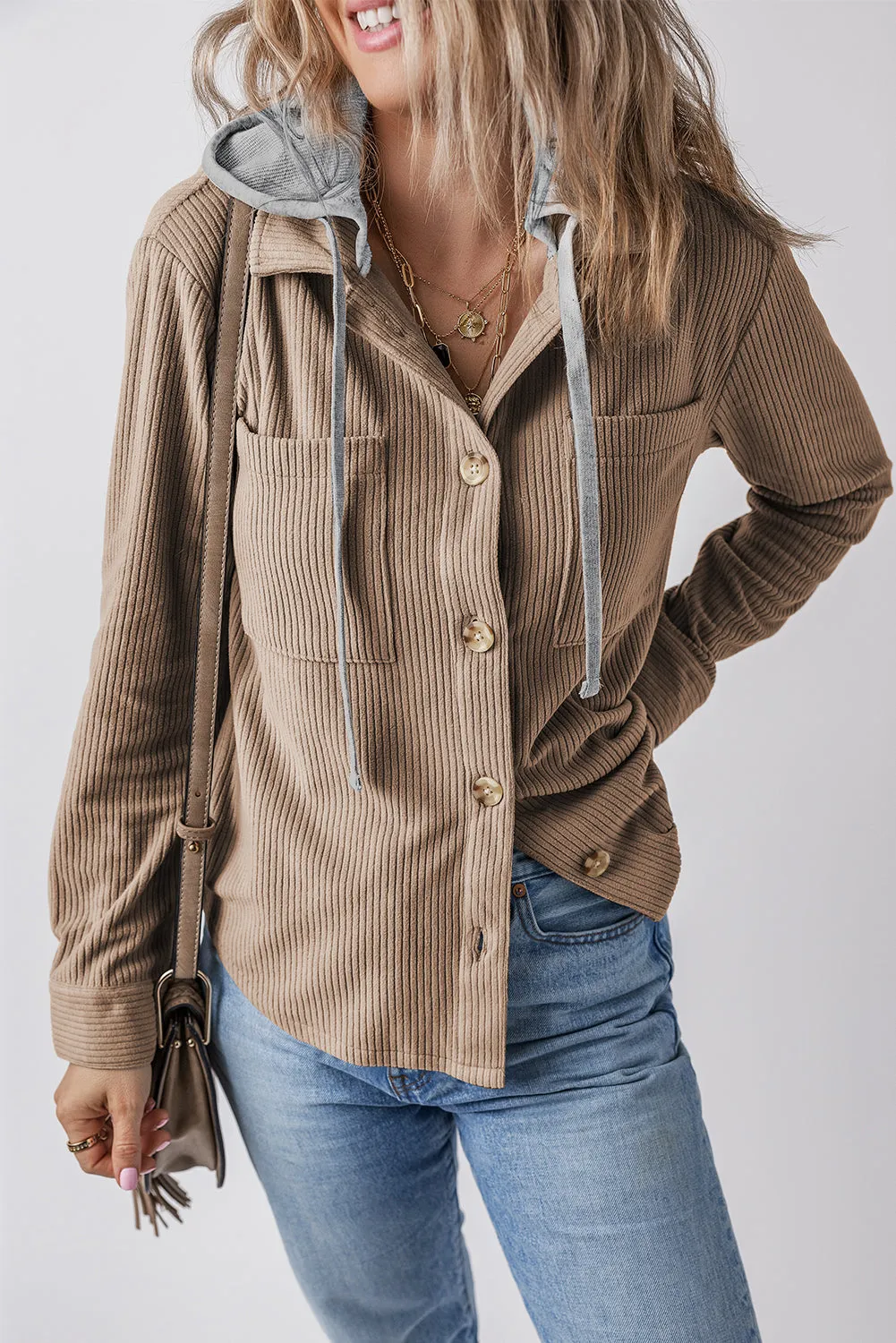 Pale Khaki Hooded Drawstring Pockets Corduroy Shacket sold by eAura product image thumbnail 3
