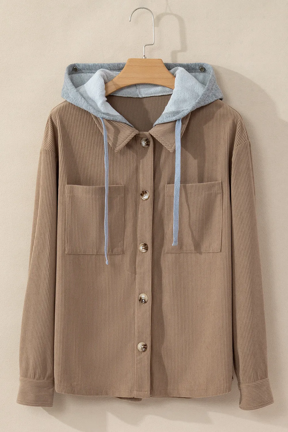 Pale Khaki Hooded Drawstring Pockets Corduroy Shacket sold by eAura product image thumbnail 4