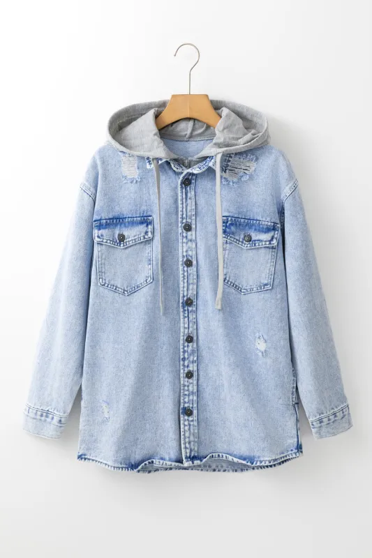 Mist Blue Oversized Contrast Hooded Denim Jacket sold by eAura