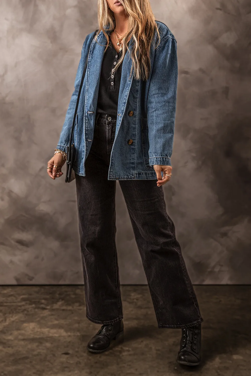 Sail Blue Side Pockets Lapel Collar Denim Jacket sold by eAura product image thumbnail 5
