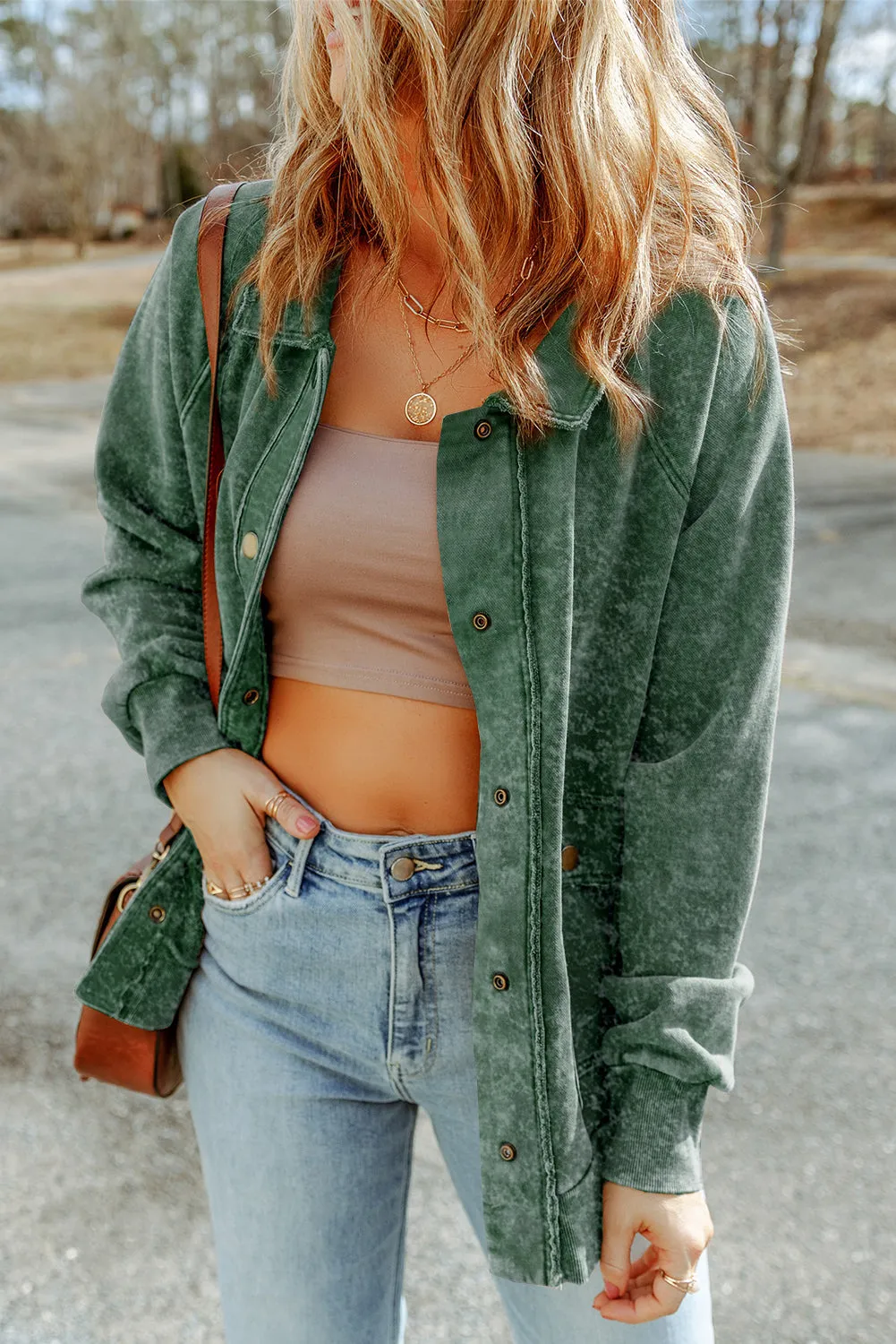 Green Vintage Washed Flap Pocket Button Shacket sold by eAura product image thumbnail 3