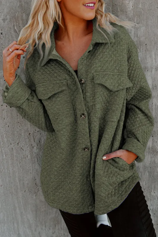Green Retro Quilted Flap Pocket Button Shacket sold by eAura