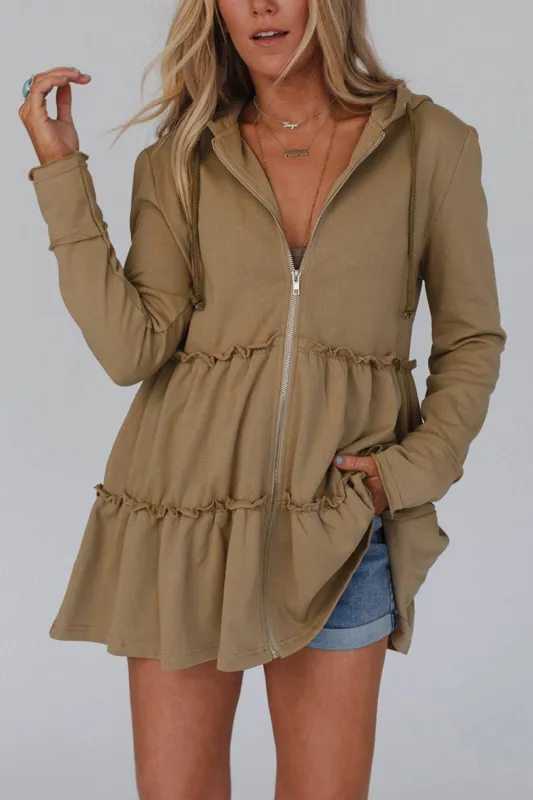 Khaki Tiered Ruffled Zip-Up Drawstring Hooded Jacket sold by eAura