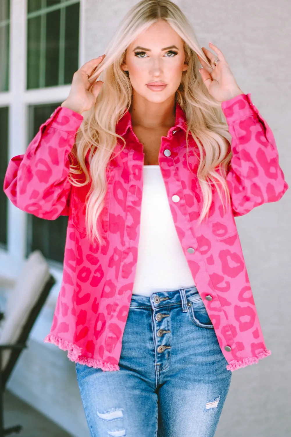 Pink Leopard Print Button Cuffs Raw Hem Jacket sold by eAura product image thumbnail 5