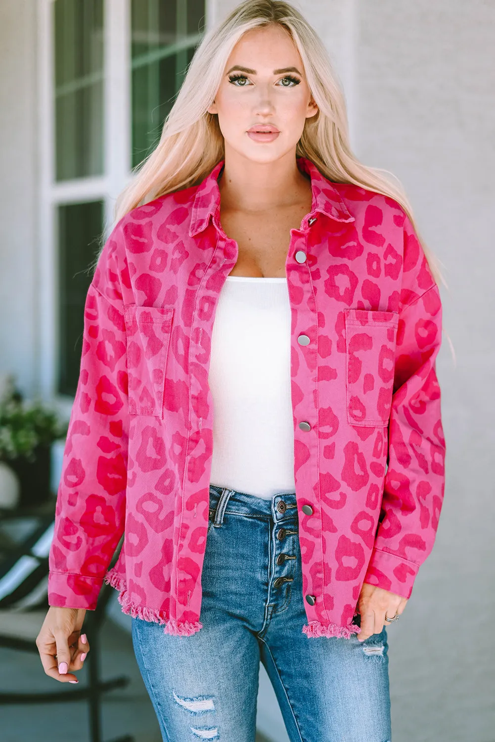 Pink Leopard Print Button Cuffs Raw Hem Jacket sold by eAura product image thumbnail 4