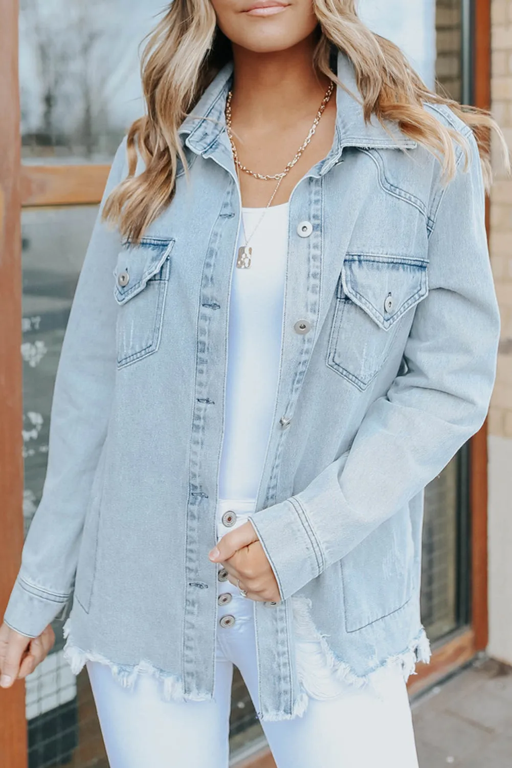 Sky Blue Flap Pocket Buttoned Raw Hem Denim Jacket sold by eAura