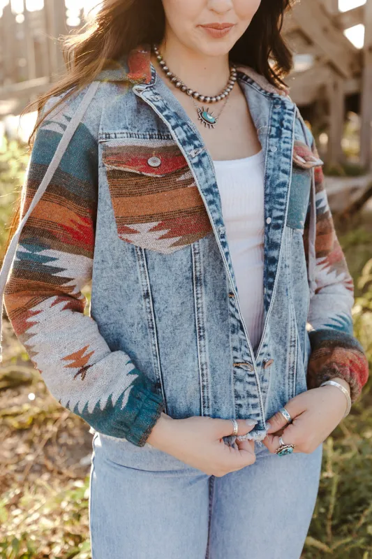 Multicolour Aztec Print Frayed Hem Denim Jacket sold by eAura