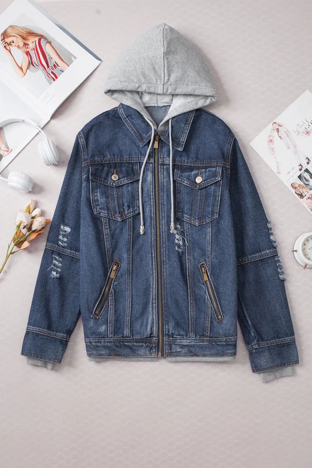 Dark Blue Fake Two-Piece Hooded Zip-Up Denim Jacket sold by eAura product image thumbnail 4