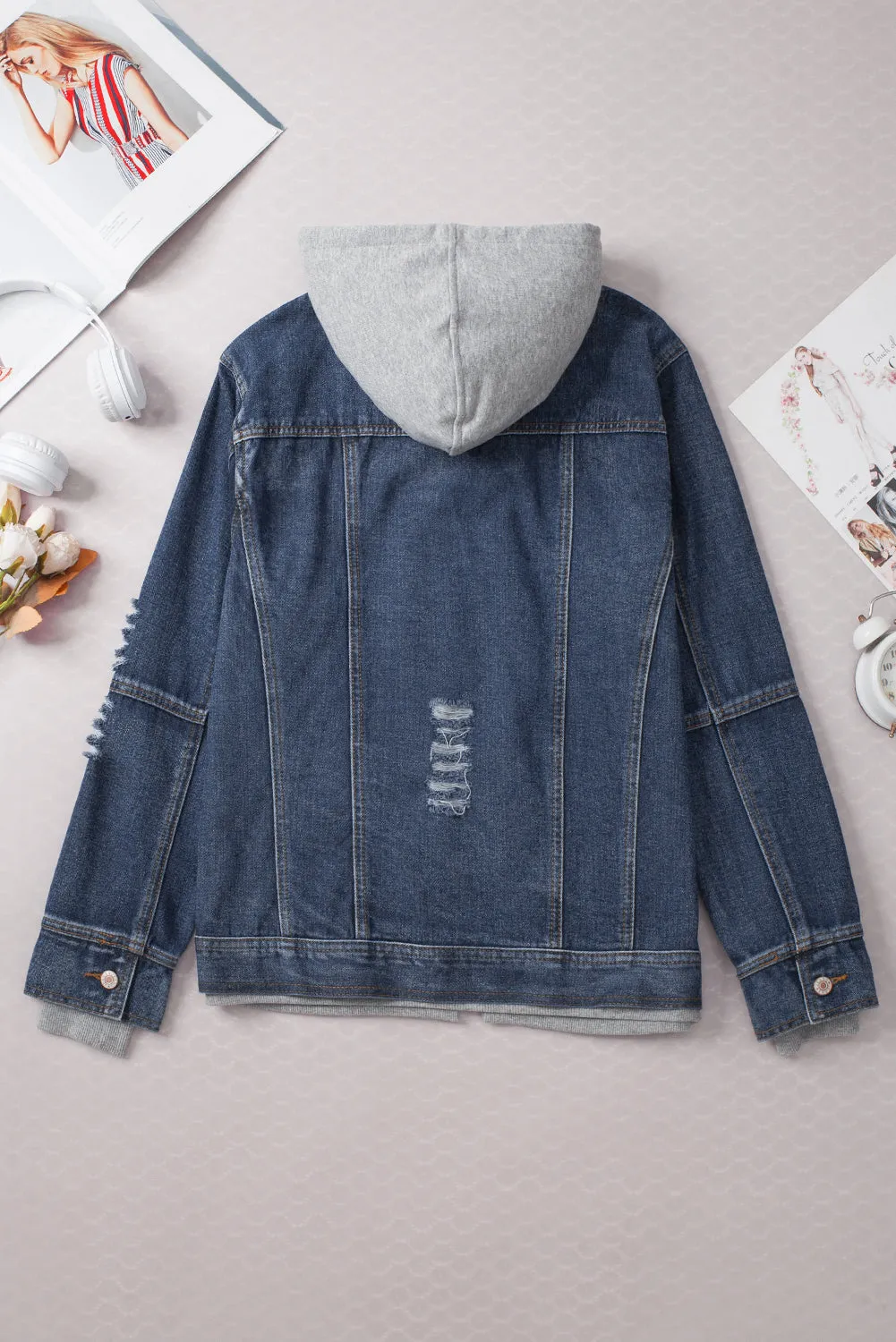 Dark Blue Fake Two-Piece Hooded Zip-Up Denim Jacket sold by eAura product image thumbnail 5