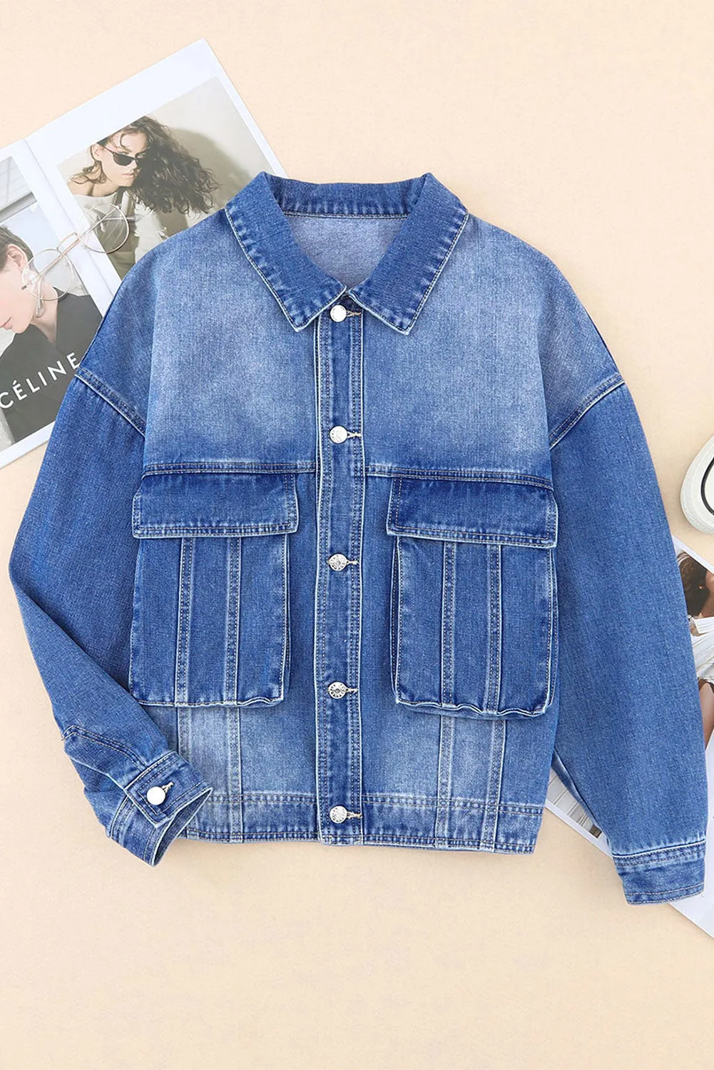 Blue Chest Pockets Drop Shoulder Loose Denim Jacket sold by eAura product image thumbnail 5