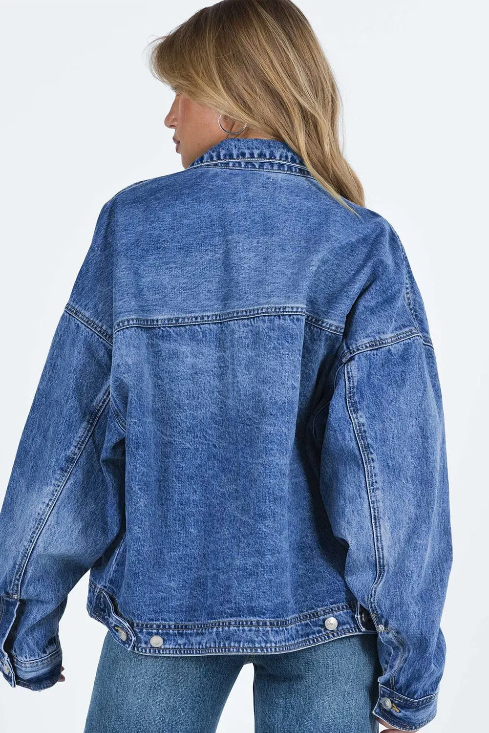 Blue Chest Pockets Drop Shoulder Loose Denim Jacket sold by eAura product image thumbnail 2