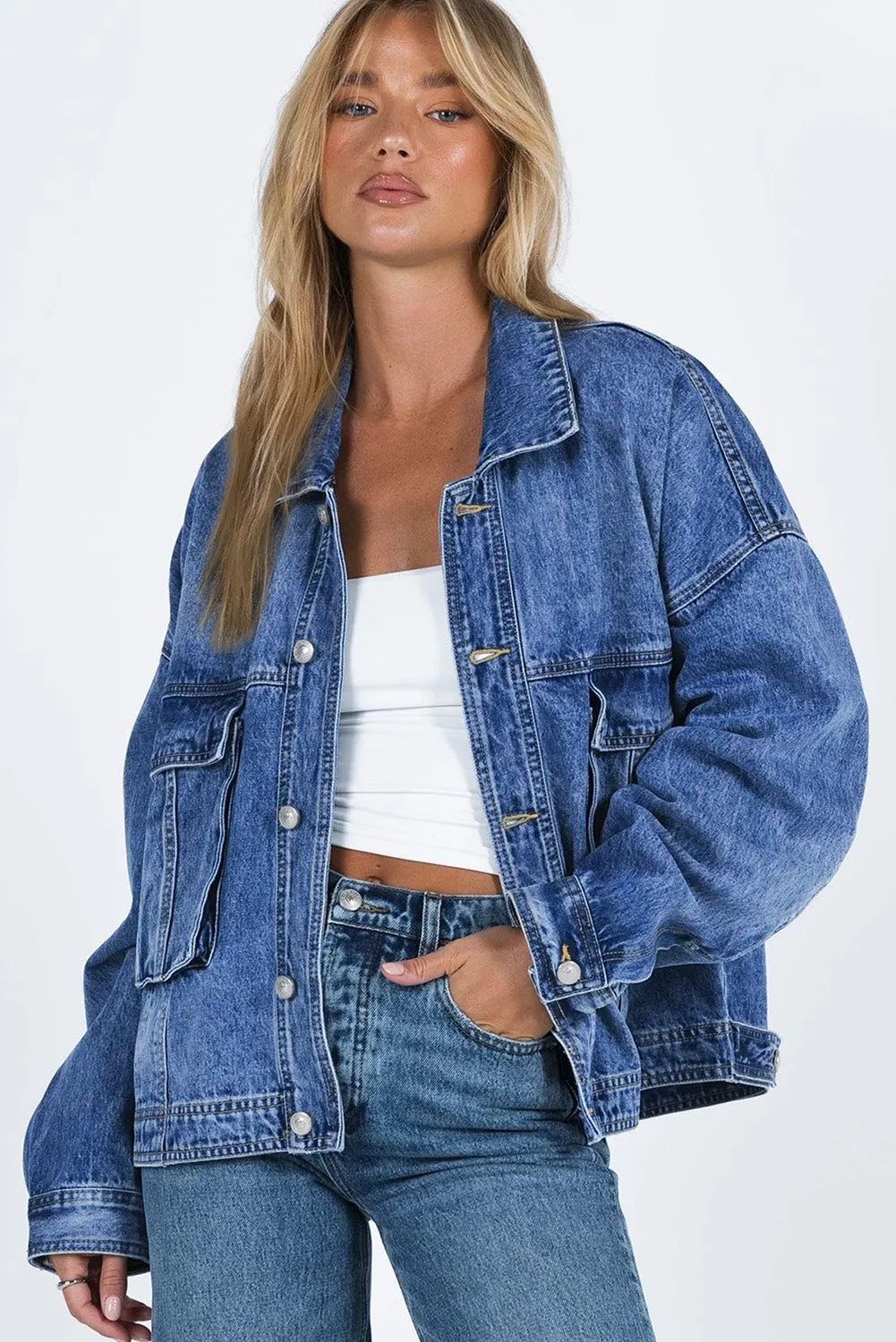 Blue Chest Pockets Drop Shoulder Loose Denim Jacket sold by eAura product image thumbnail 4