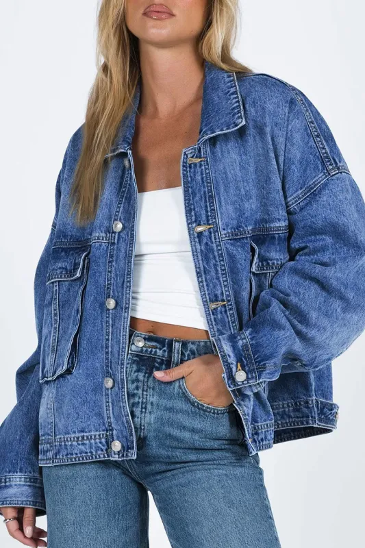 Blue Chest Pockets Drop Shoulder Loose Denim Jacket sold by eAura