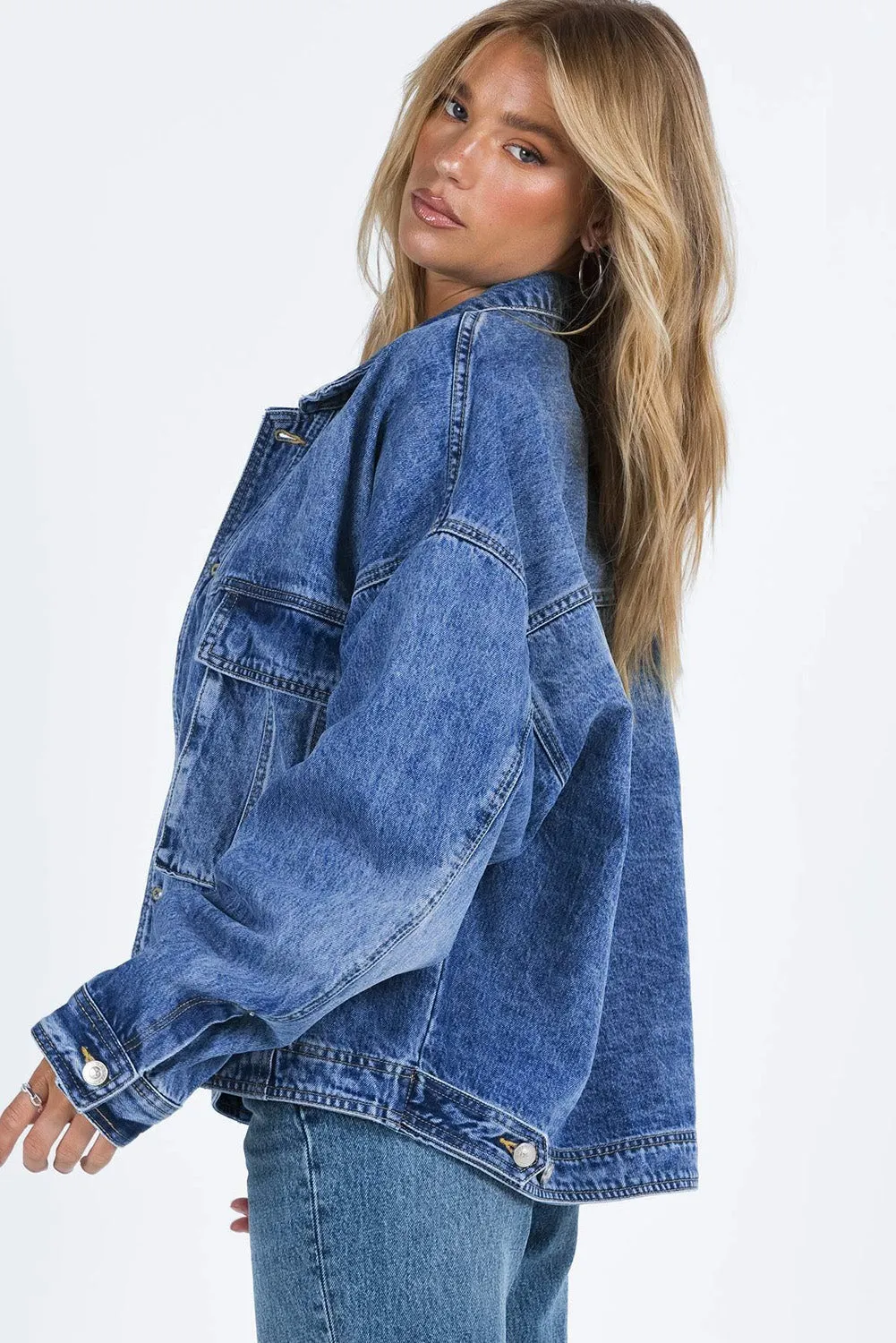 Blue Chest Pockets Drop Shoulder Loose Denim Jacket sold by eAura product image thumbnail 3