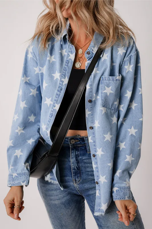 Sky Blue Star Print Light Wash Raw Hem Denim Jacket sold by eAura