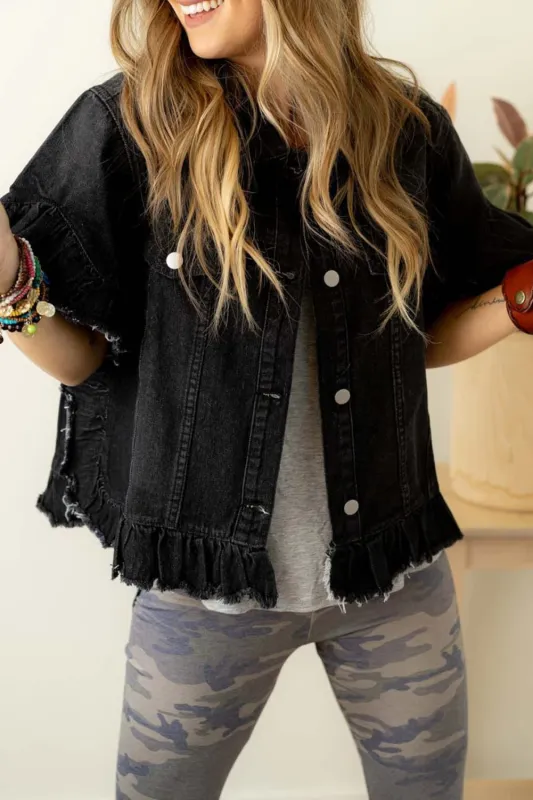 Black Raw Edge Ruffled Short Sleeve Denim Jacket sold by eAura