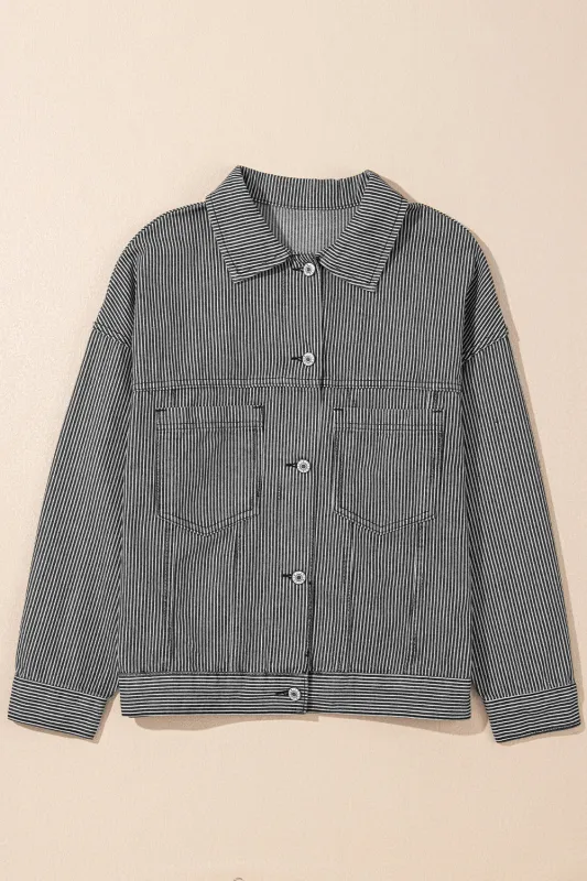 Blue Stripe Washed Oversize Pocketed Denim Jacket sold by eAura