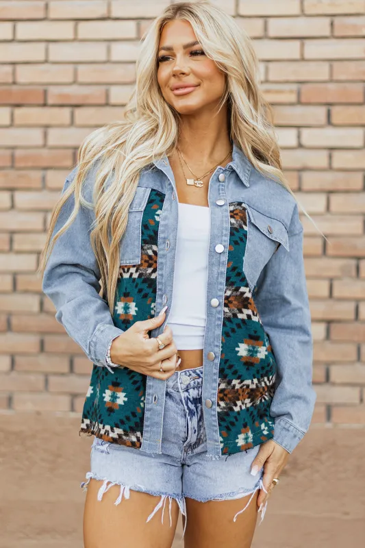 Blue Aztec Printed Denim Jacket sold by eAura