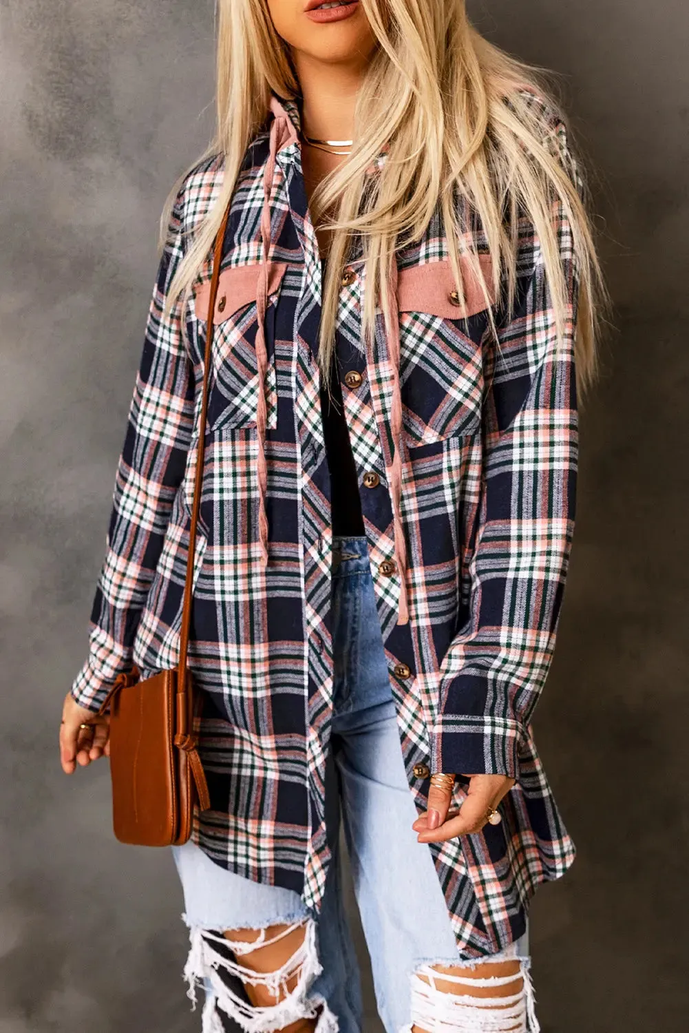 Pink Contrast Hooded Drawstring Plaid Shacket sold by eAura product image thumbnail 5