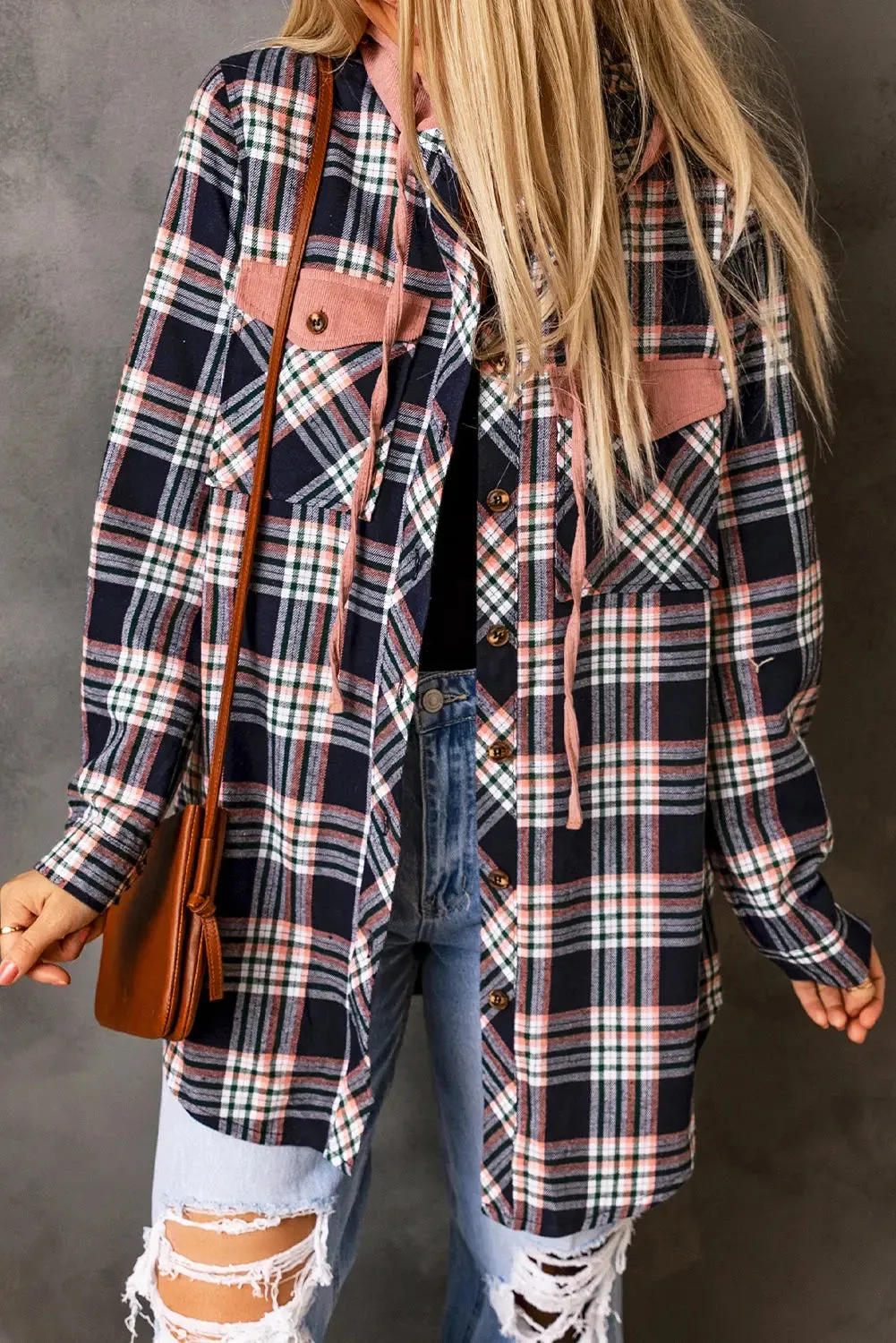 Pink Contrast Hooded Drawstring Plaid Shacket sold by eAura product image thumbnail 4