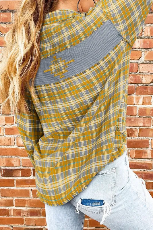 Ginger Plaid Embroidery Patch Button-Down Shacket sold by eAura