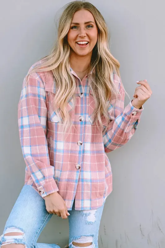Pink Plaid Flap Pocket Flannel Shacket made by eAura