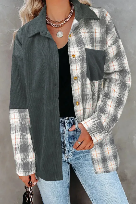 Grey Plaid Colour Block Button-up Oversize Corduroy Shacket sold by eAura