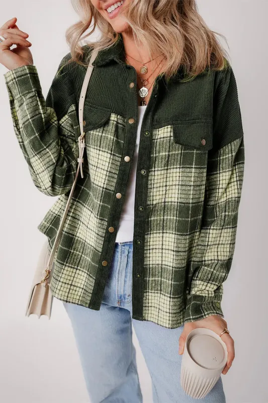 Blackish Green Snap Buttons Colourblock Plaid Shacket sold by eAura