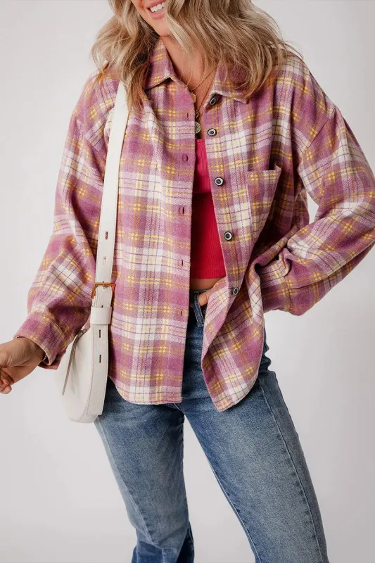 Pink Plaid Print Chest Pocket Long Sleeve Shacket sold by eAura
