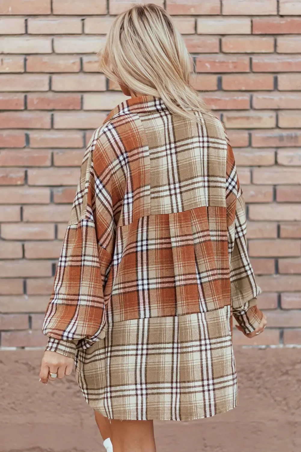 Khaki Plaid Colourblock Patchwork High Low Shacket sold by eAura product image thumbnail 2