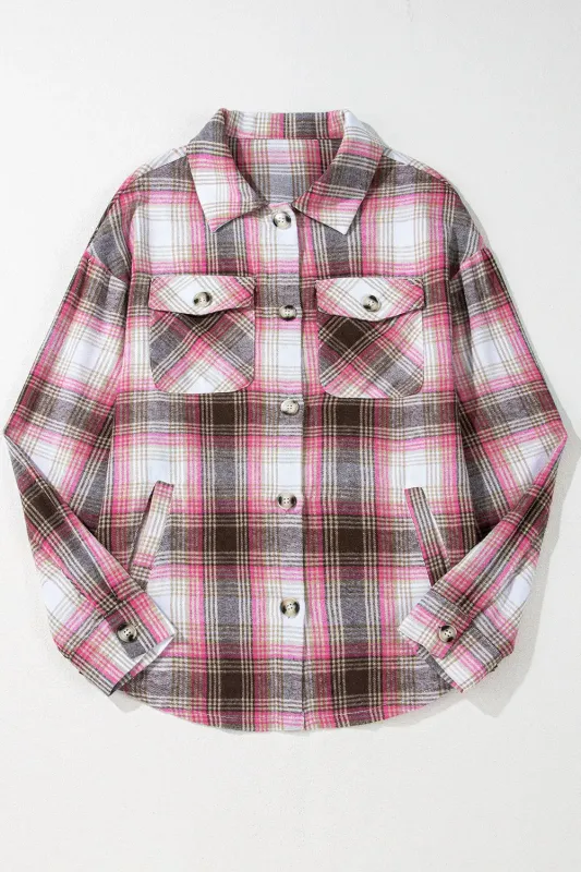 Pink Plaid Flap Pocket Button Up Shacket sold by eAura