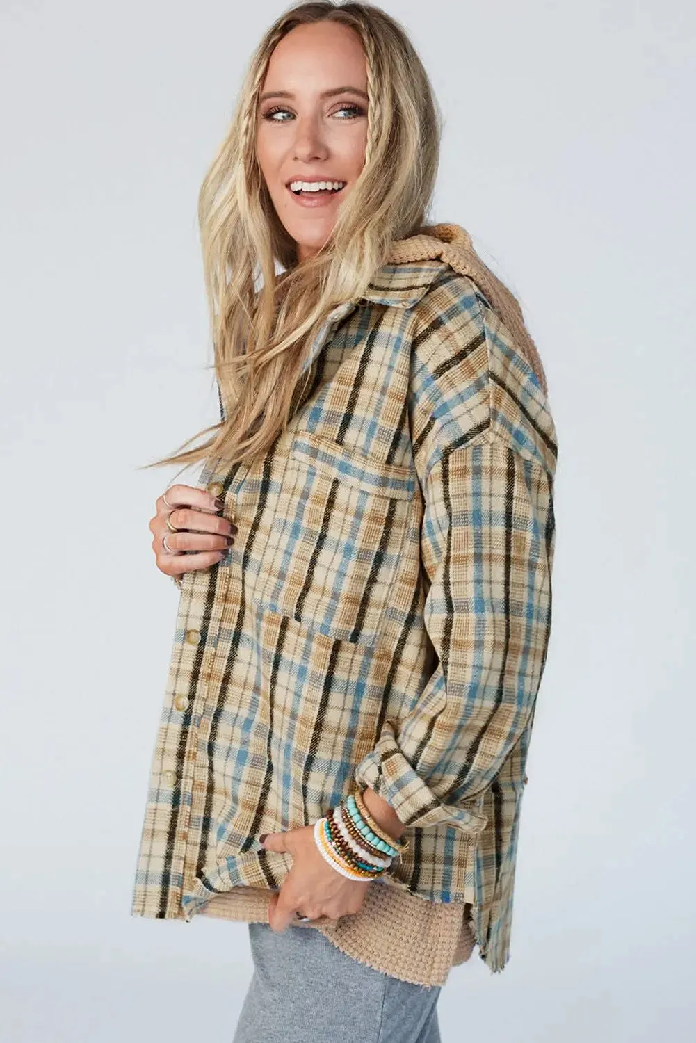 Ashleigh Blue Waffle Knit Patchwork Hooded Plaid Shacket sold by eAura product image thumbnail 3