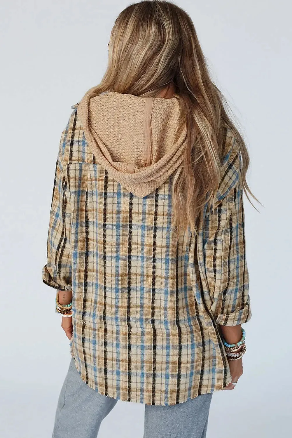 Ashleigh Blue Waffle Knit Patchwork Hooded Plaid Shacket sold by eAura product image thumbnail 2