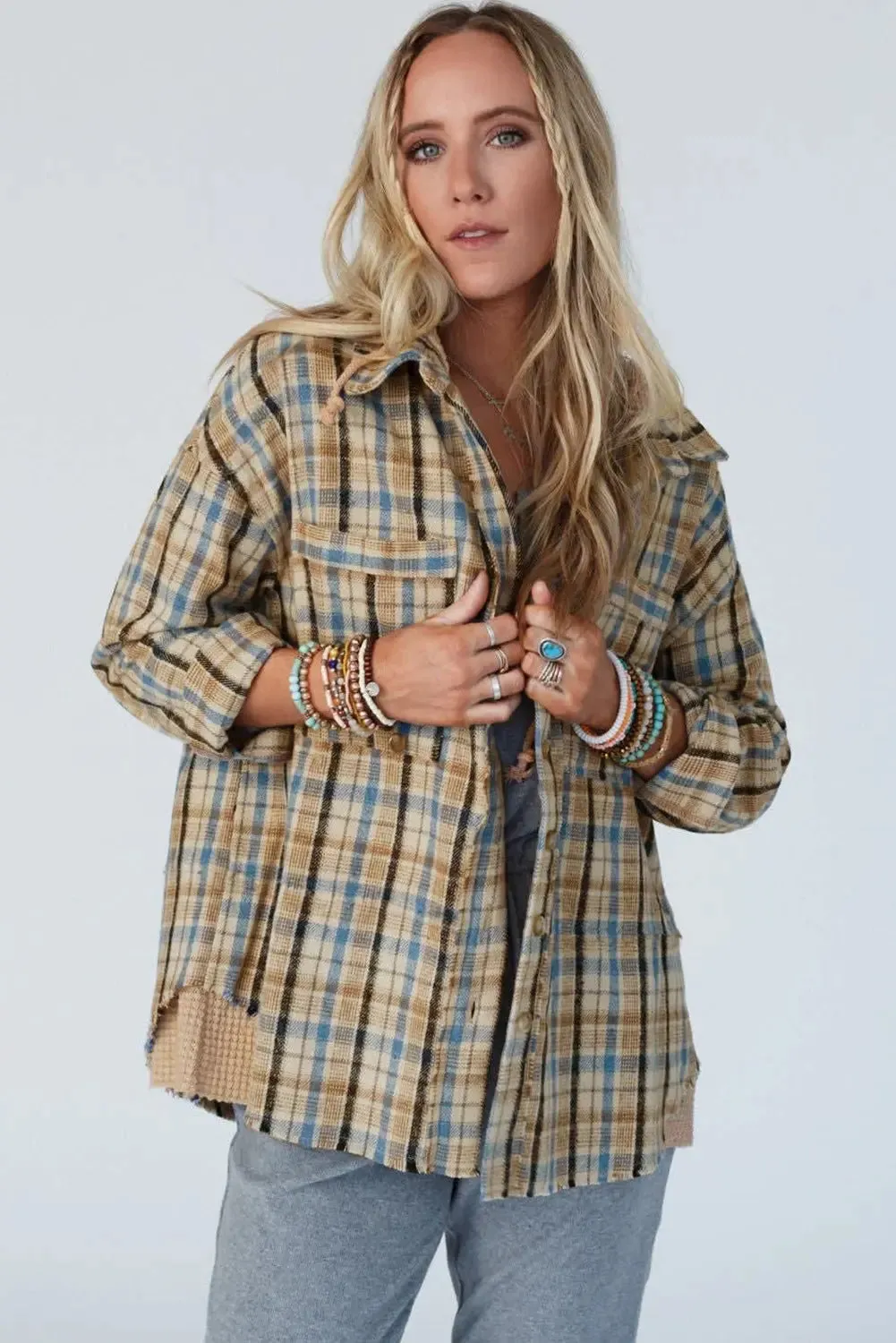 Ashleigh Blue Waffle Knit Patchwork Hooded Plaid Shacket sold by eAura product image thumbnail 5