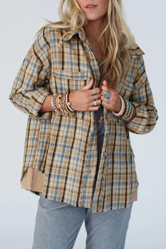 Ashleigh Blue Waffle Knit Patchwork Hooded Plaid Shacket sold by eAura