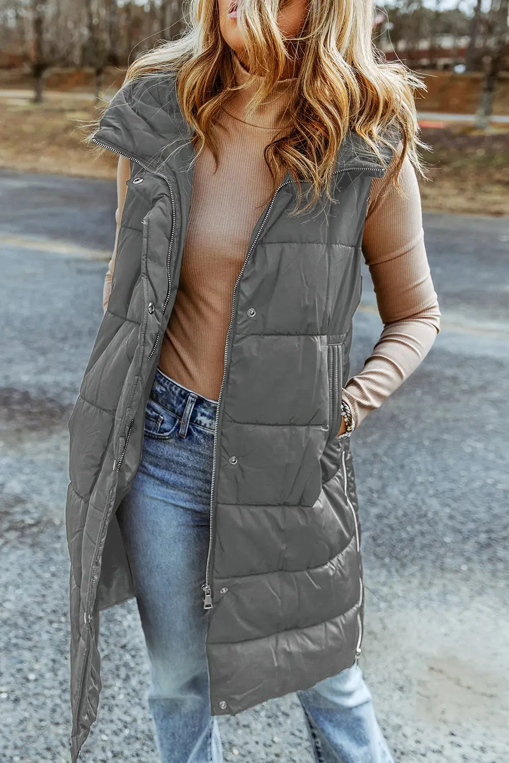 Dark Grey Hooded Long Quilted Sleeveless Coat sold by eAura product image thumbnail 5