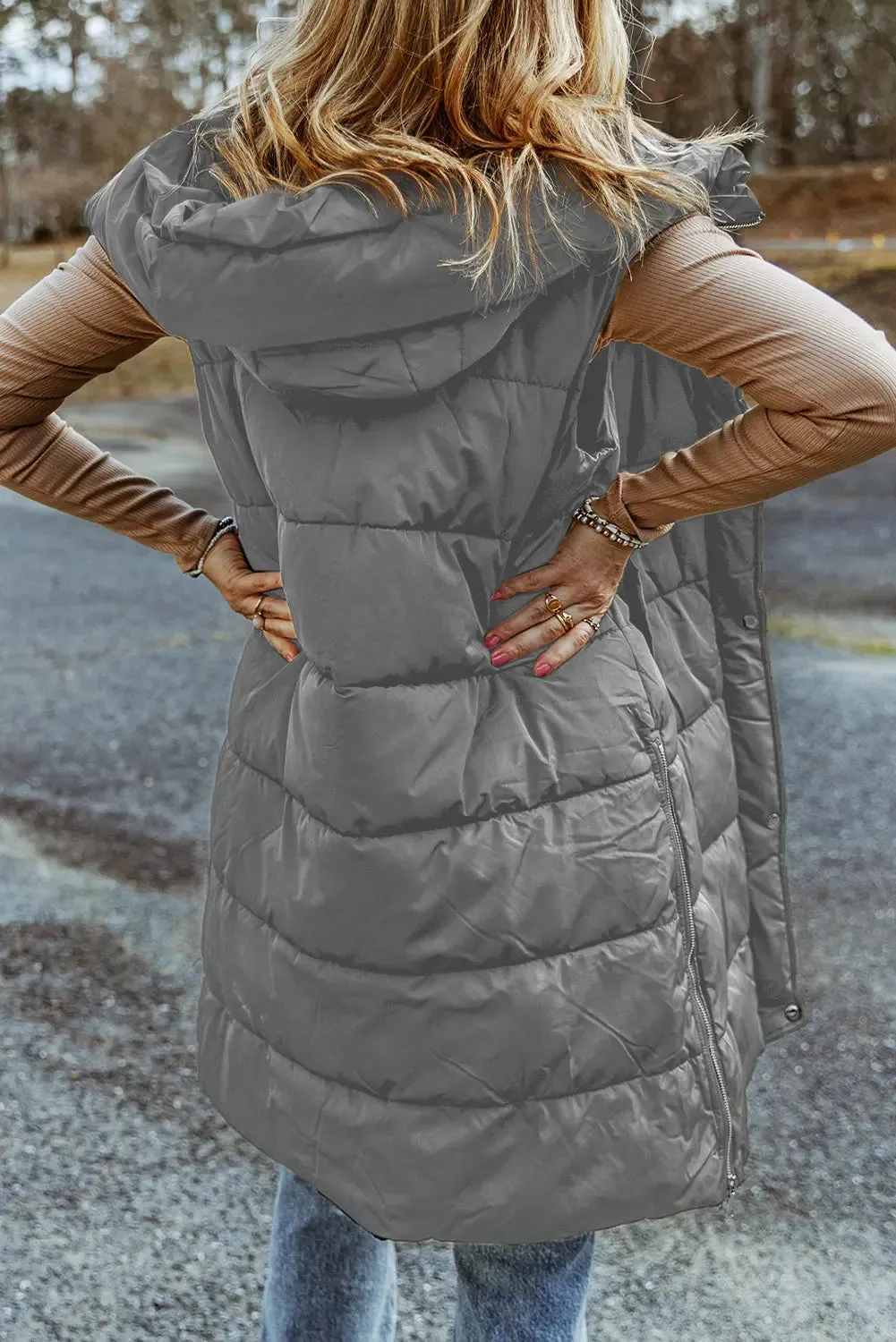 Dark Grey Hooded Long Quilted Sleeveless Coat sold by eAura product image thumbnail 2