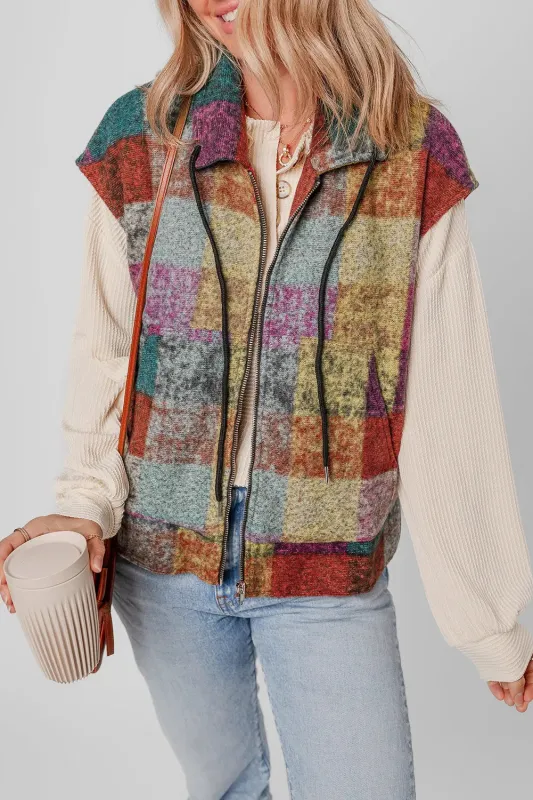 Multicolour Plaid Print Loose Sleeveless Jacket sold by eAura