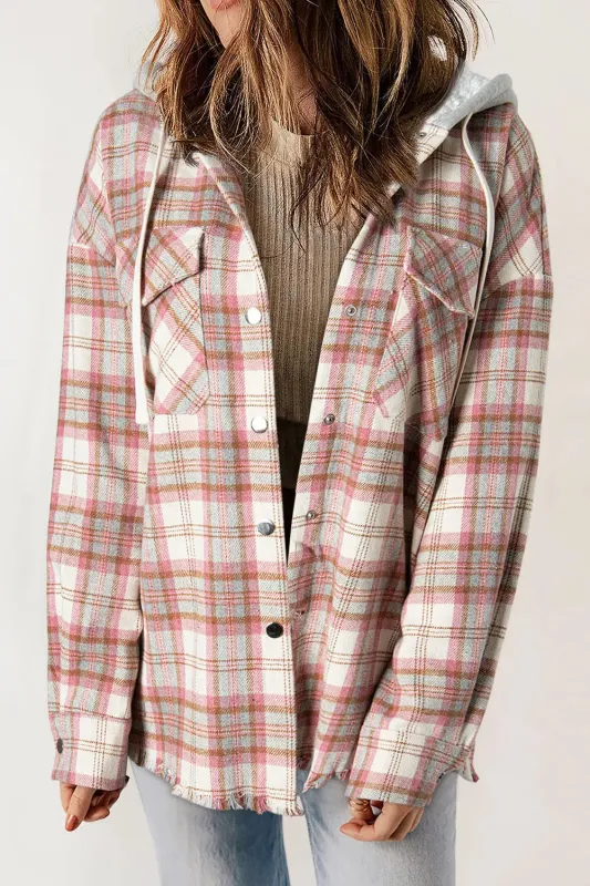 Multicolour Plaid Flap Pocket Hooded Raw Hem Jacket sold by eAura
