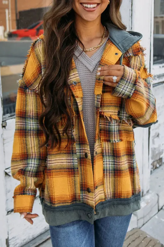 Orange Plaid Patch Hooded Frayed Snap Button Jacket sold by eAura