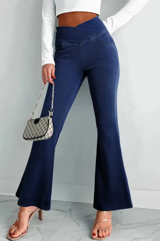 Dusk Blue Solid Crossed Waist High Elastic Fit Flare Jeans sold by eAura