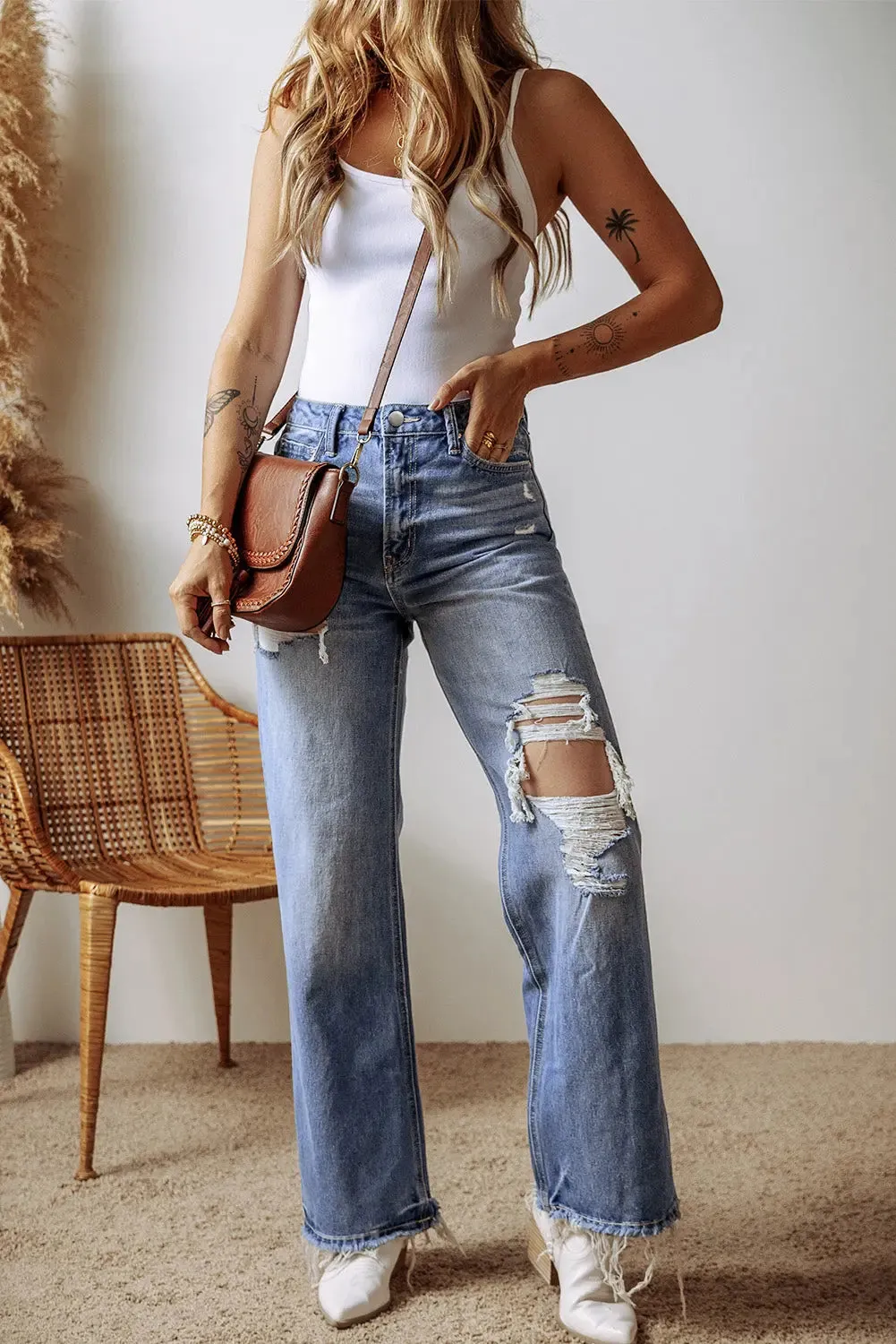 Ashleigh Blue Distressed Raw Hem Straight Leg High Waist Jeans sold by eAura product image thumbnail 4