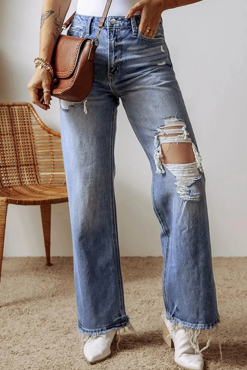Ashleigh Blue Distressed Raw Hem Straight Leg High Waist Jeans sold by eAura
